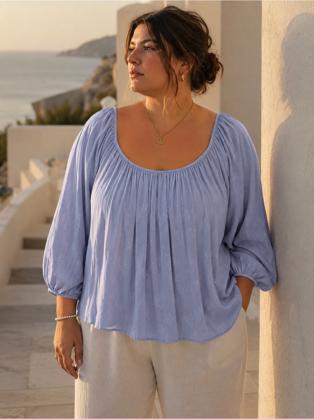 Addition Elle Peasant Blouse Blue 2X Boho Balloon Sleeve Lightweight Top Resort